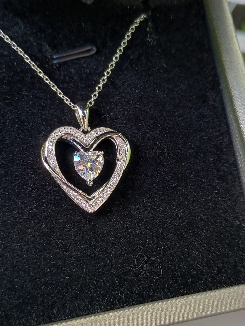 Sterling Silver Heart Pendant Necklace w Center Heart-Cut Cubic Zirconia